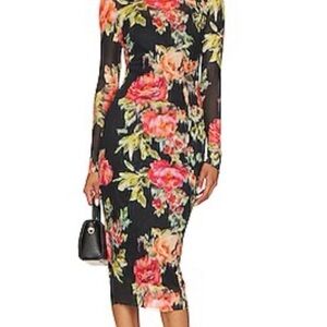 Steve Madden Vivienne Long Sleeve Floral Black Mesh MIDI Dress